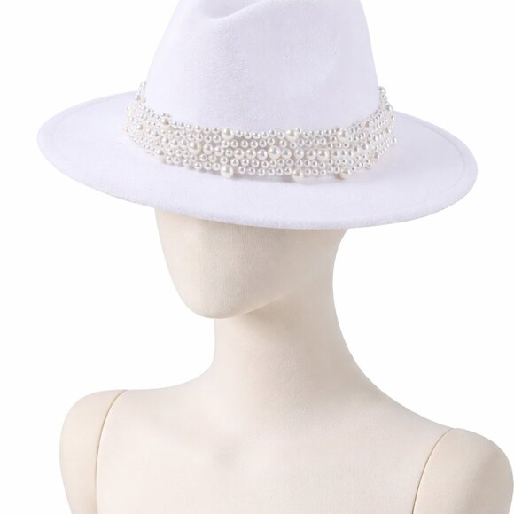 Style White Fashion Fedora Jazz Hat with Wide Pearl Belt main image 9